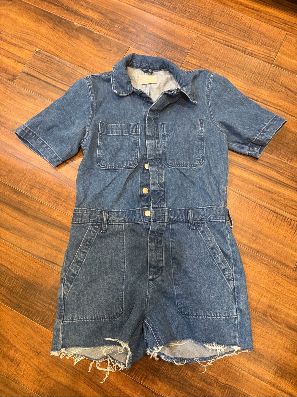 Everlane Organic Cotton Denim Short Sleeve Romper Jumpsuit Raw Hem Size 4